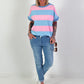 Striped Sweat T-Shirt - light blue-pink