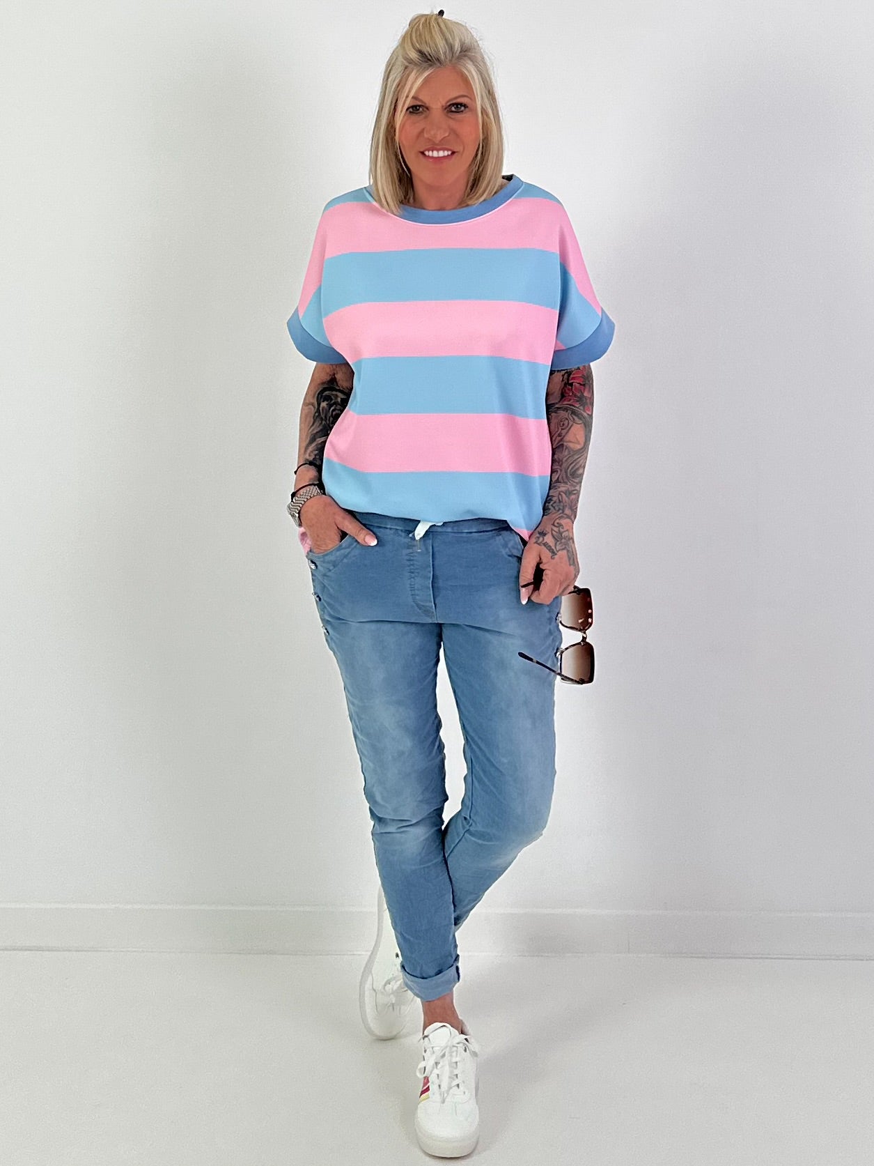 Striped Sweat T-Shirt - light blue-pink