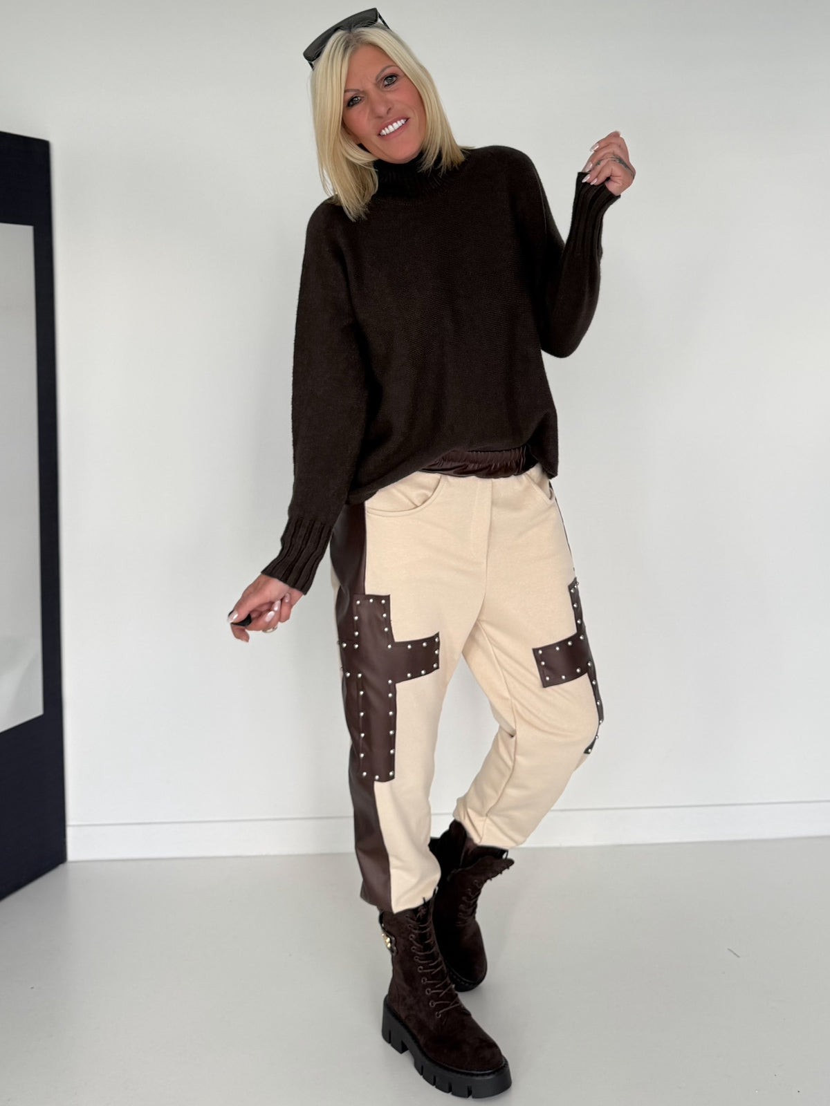Sweathose im Materialmix - beige-mokka