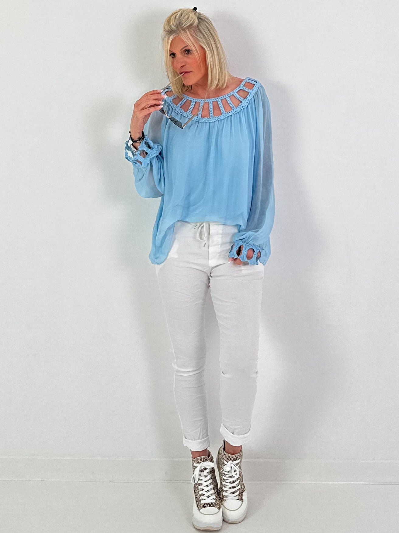 Silk tunic with crocheted neckline - light blue