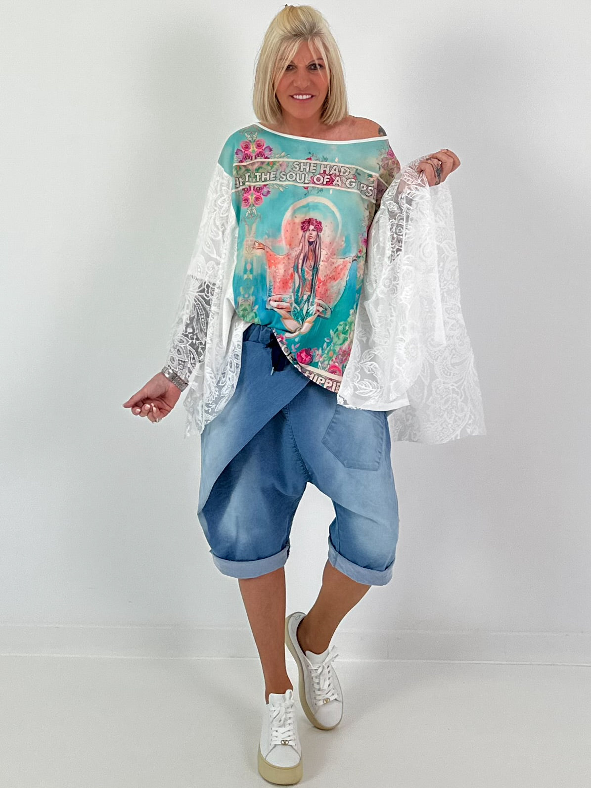 Shirt met print en kanten overlay - turquoise-wit-multicolor