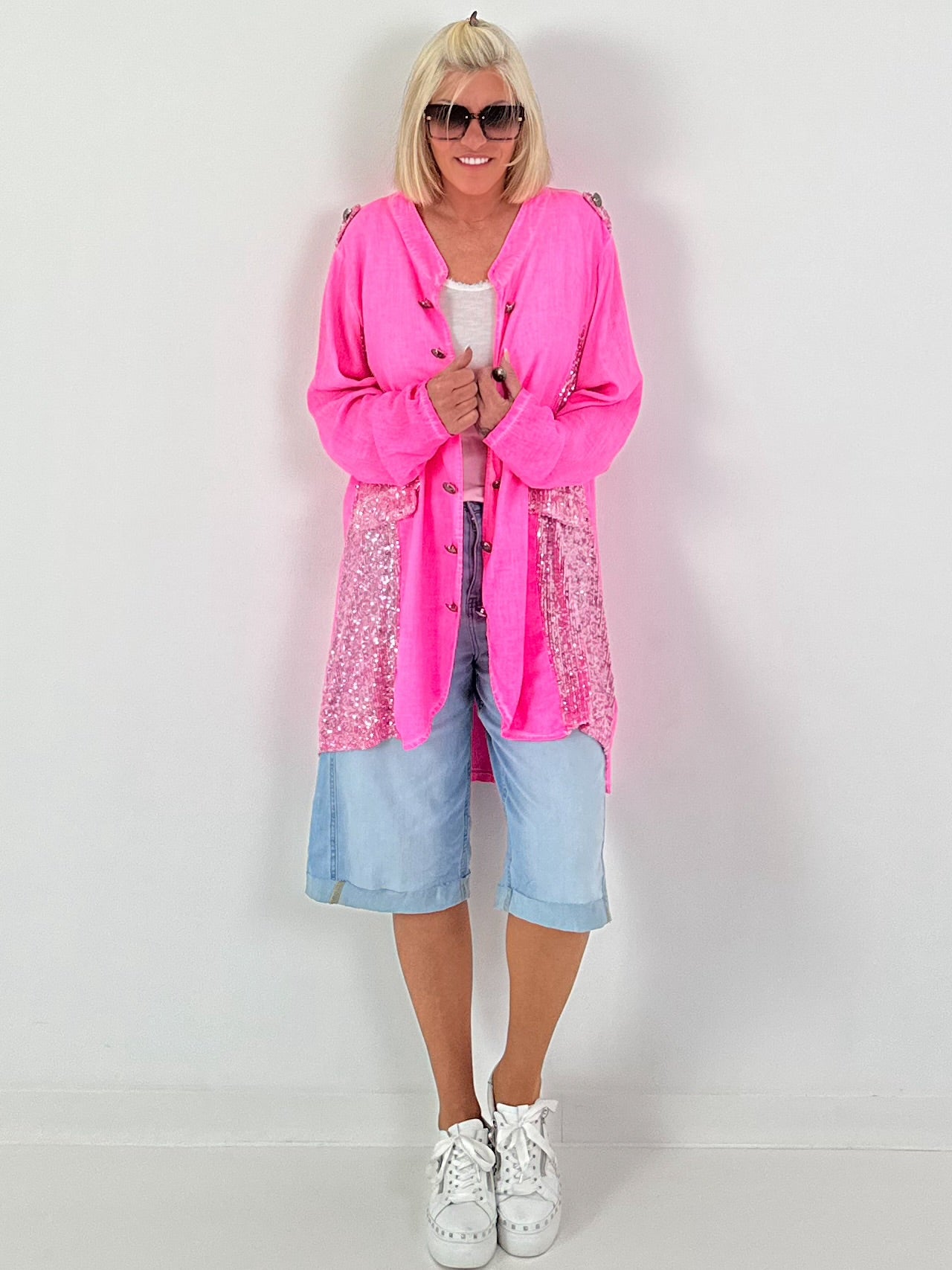 Oversized Linen Military Blazer - neon pink