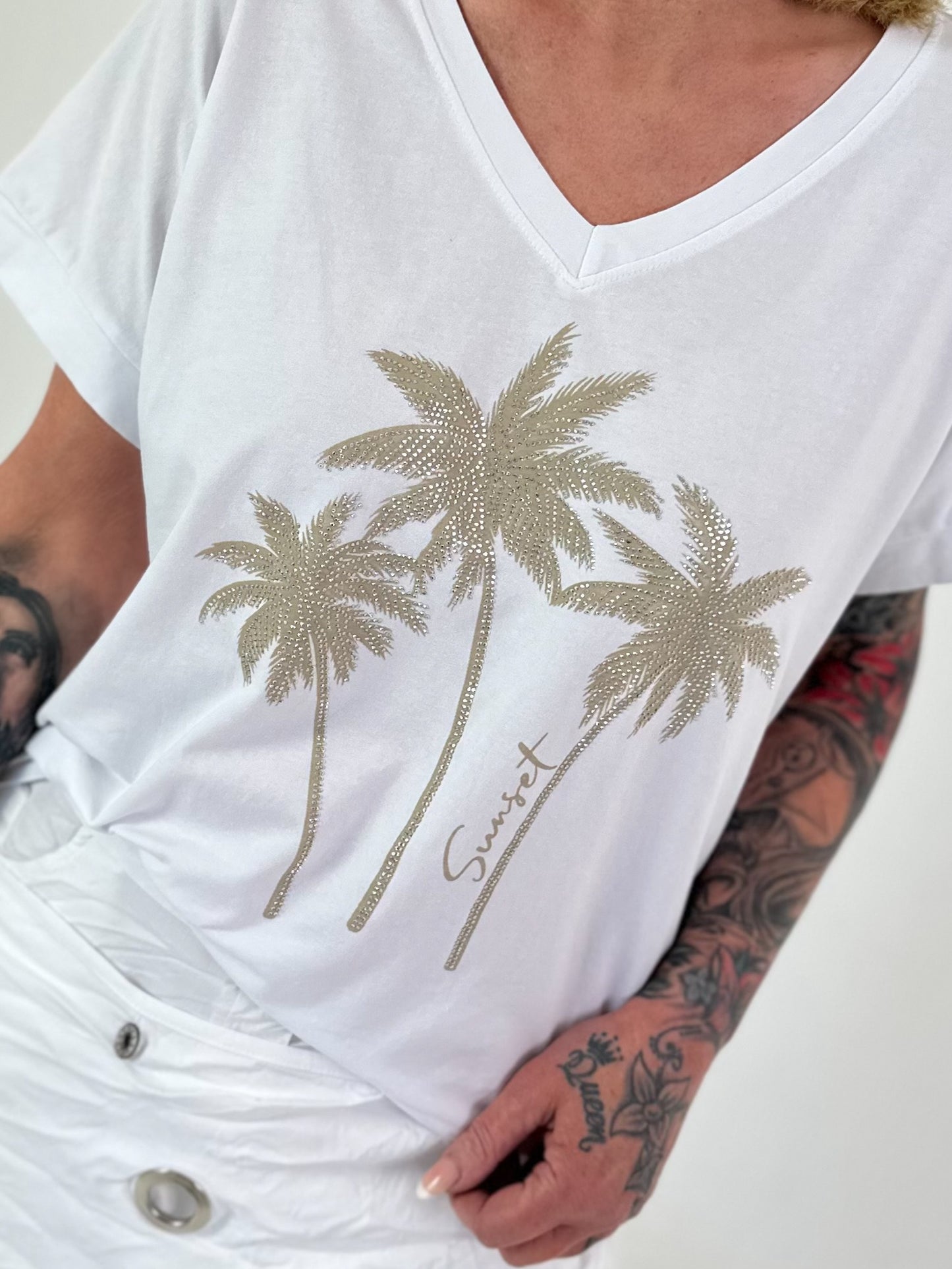 T-Shirt mit Glitzerpalmen - weiss