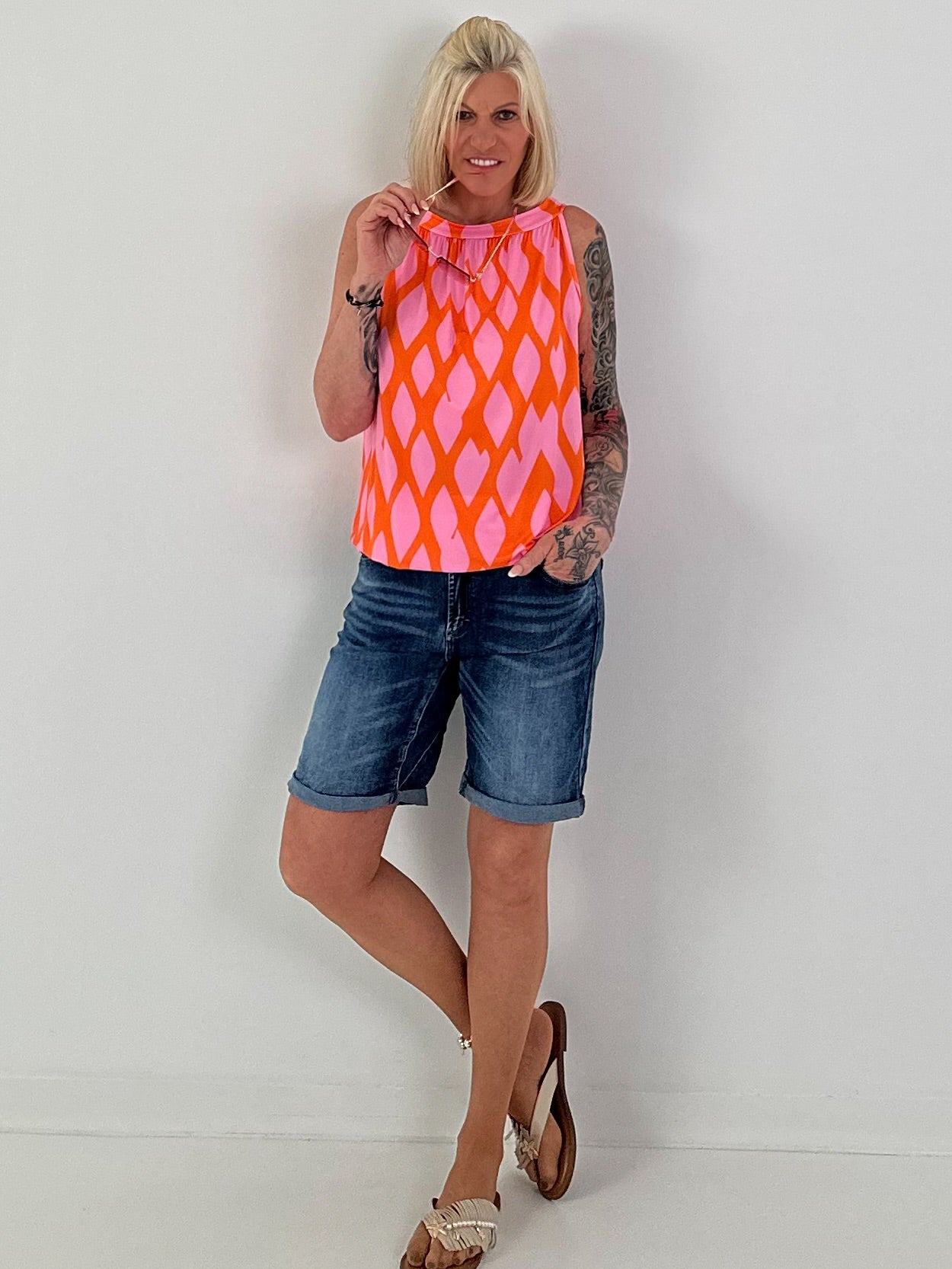 Halter Neck Top with Allover Pattern - orange-pink