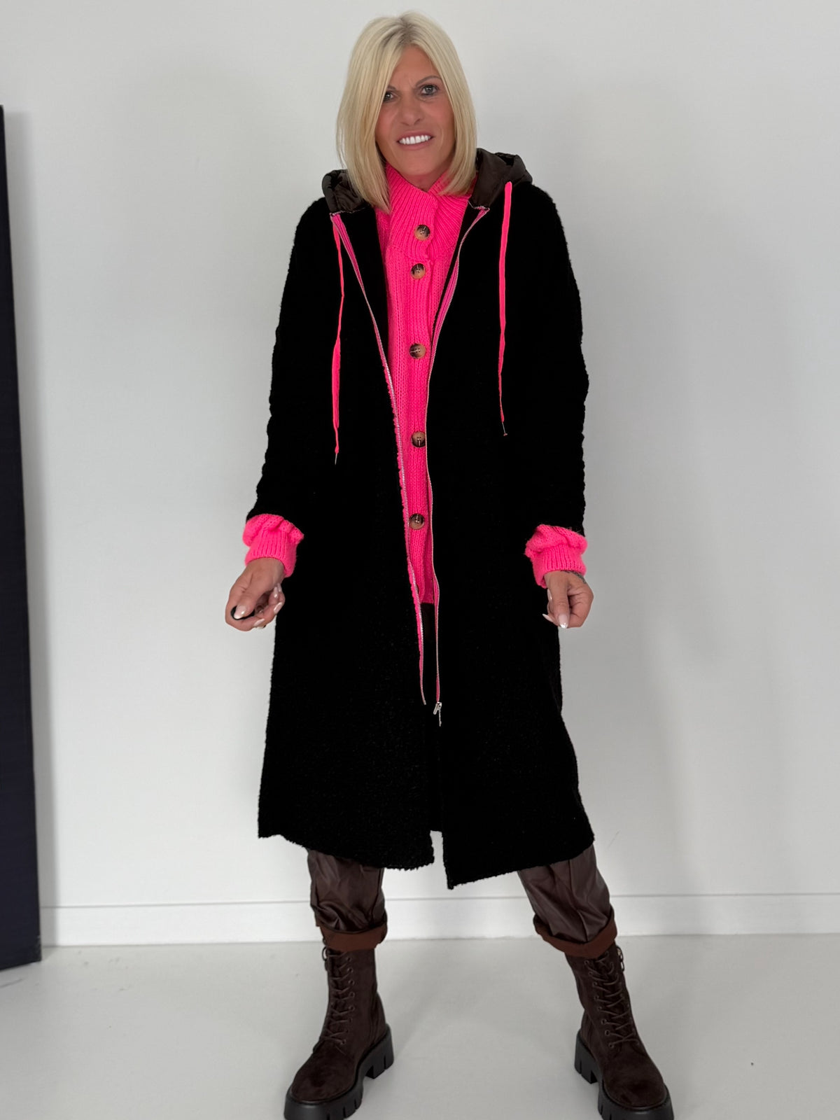 Coat with teddy curl look and neon accents - black