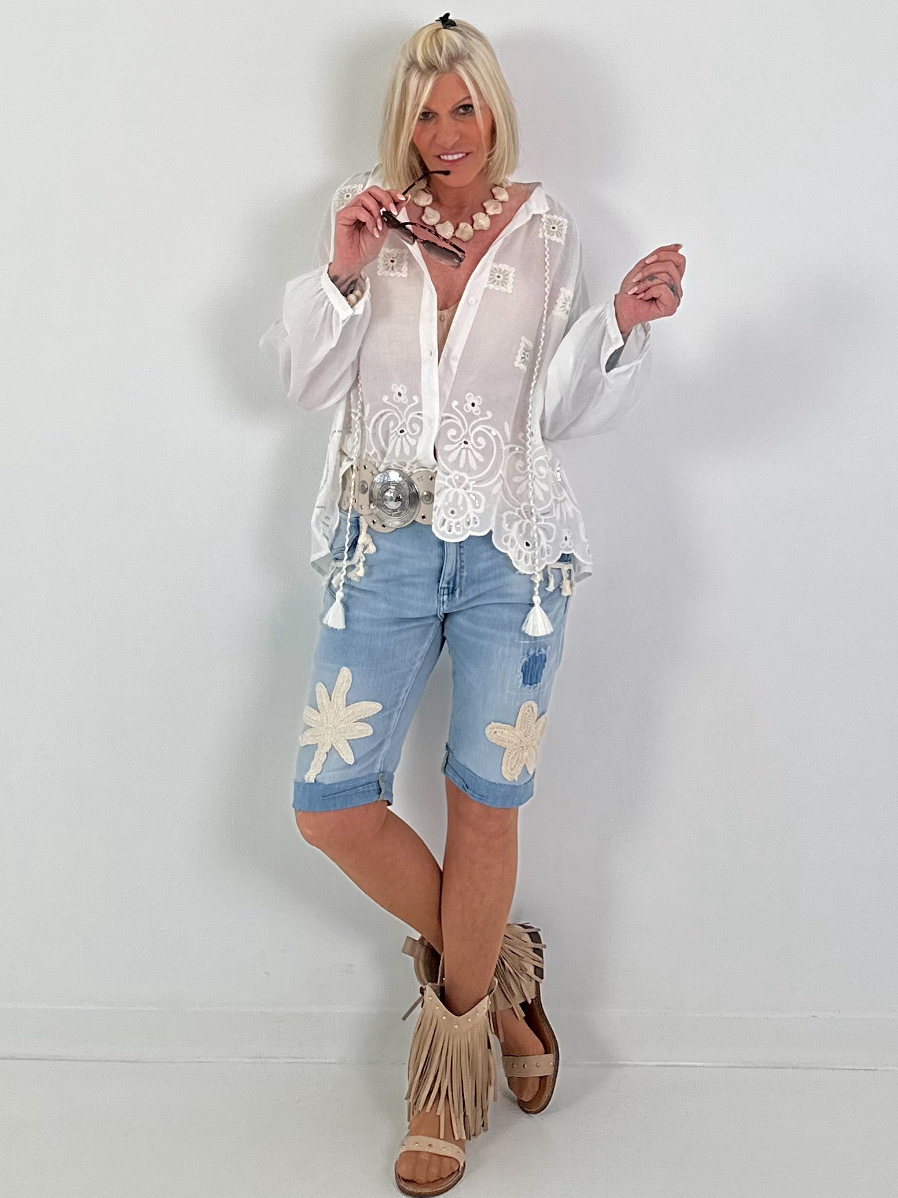 Boho blouse with elaborate details - white