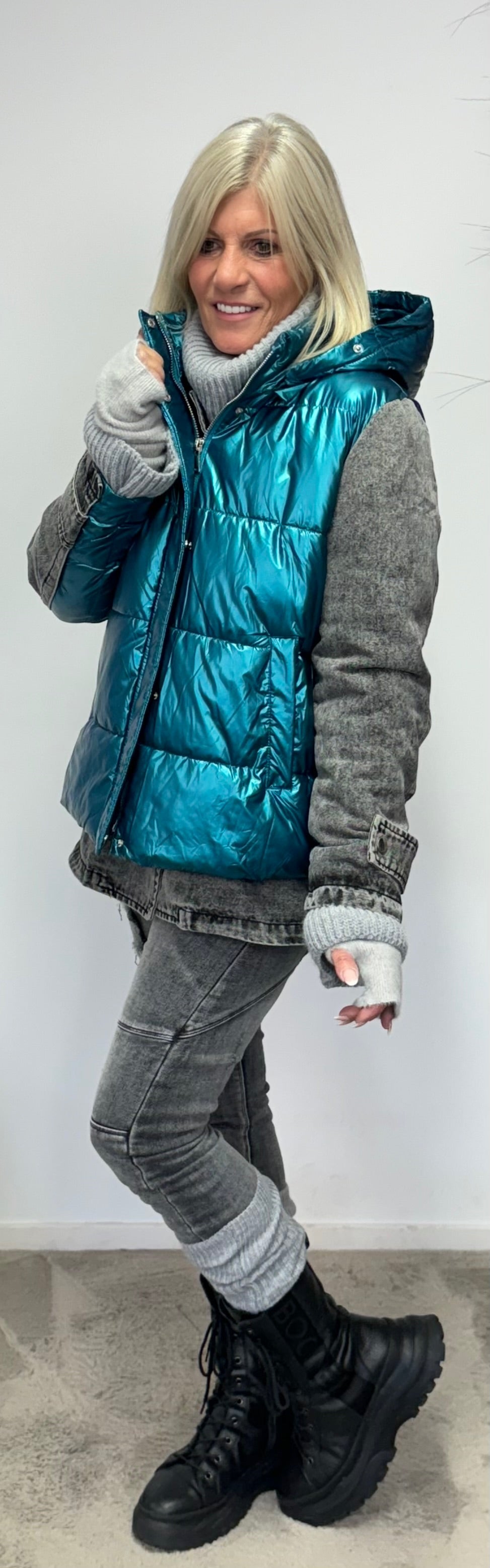 denim jacket with quilted vest - silver-grey