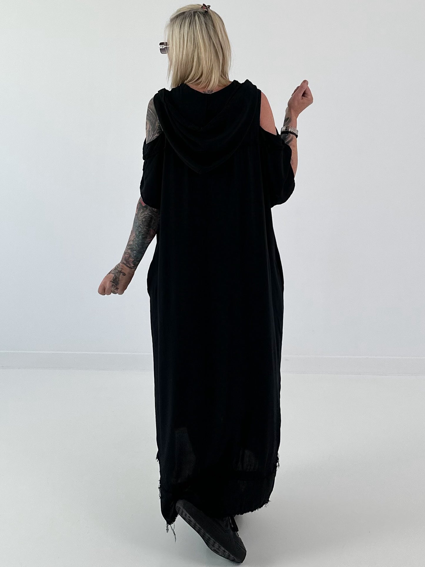 Black dress with cold shoulder and hood