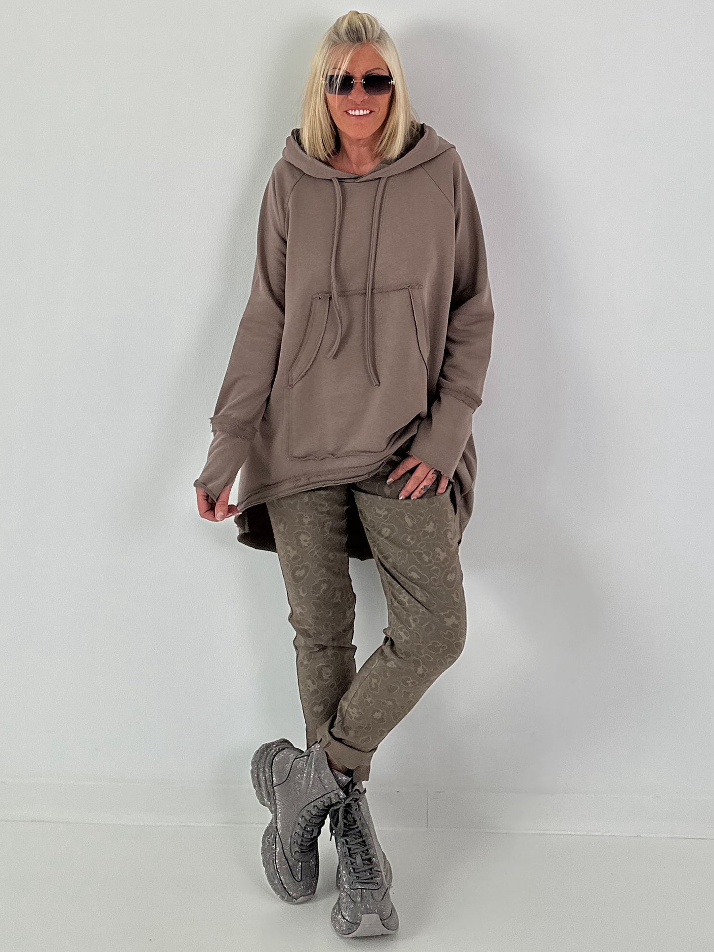 Casual Long Hoodie with Thumb Hole - taupe