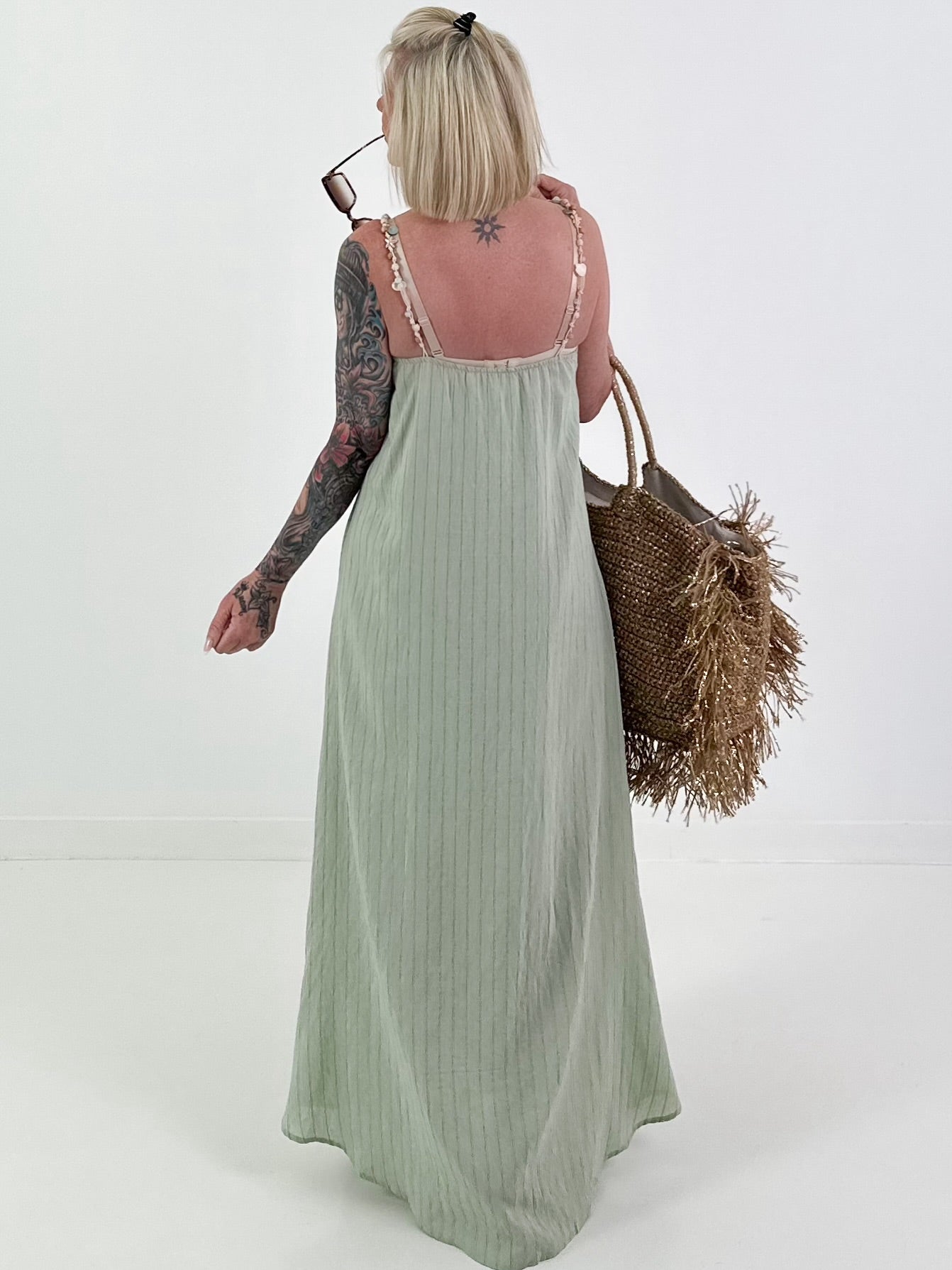 Dress with decorative straps and striped pattern - khaki