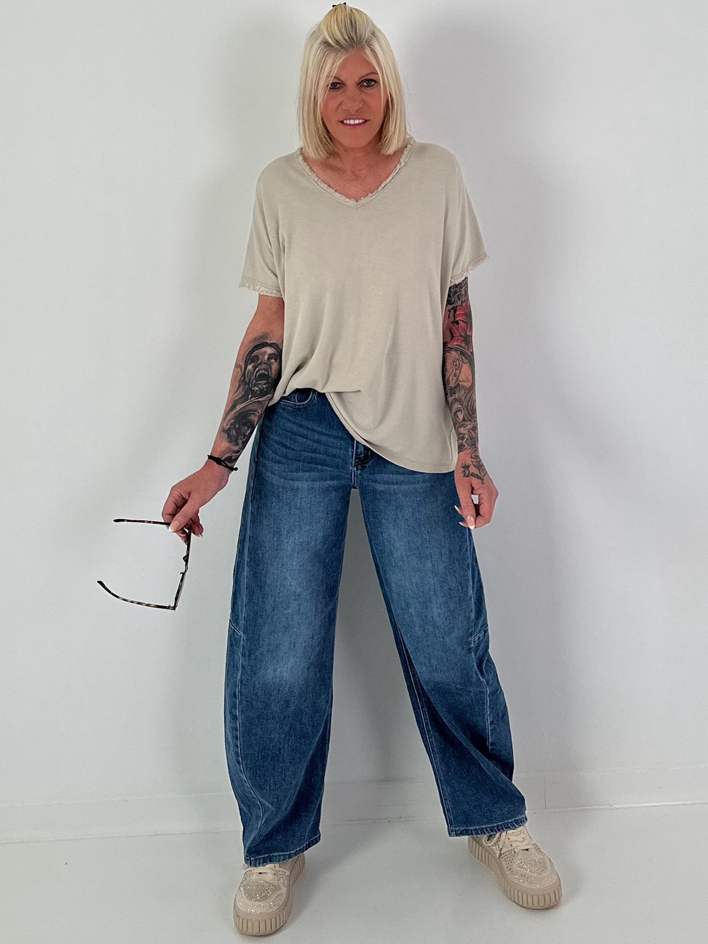 Ribbed Shirt with Fringe Details - beige