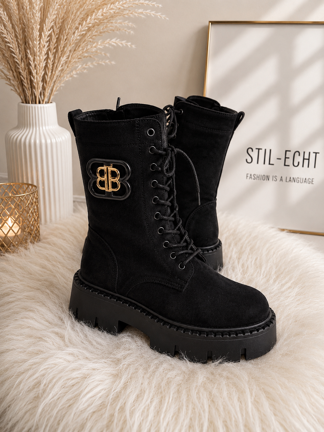 Faux suede ankle boot with chunky sole - black
