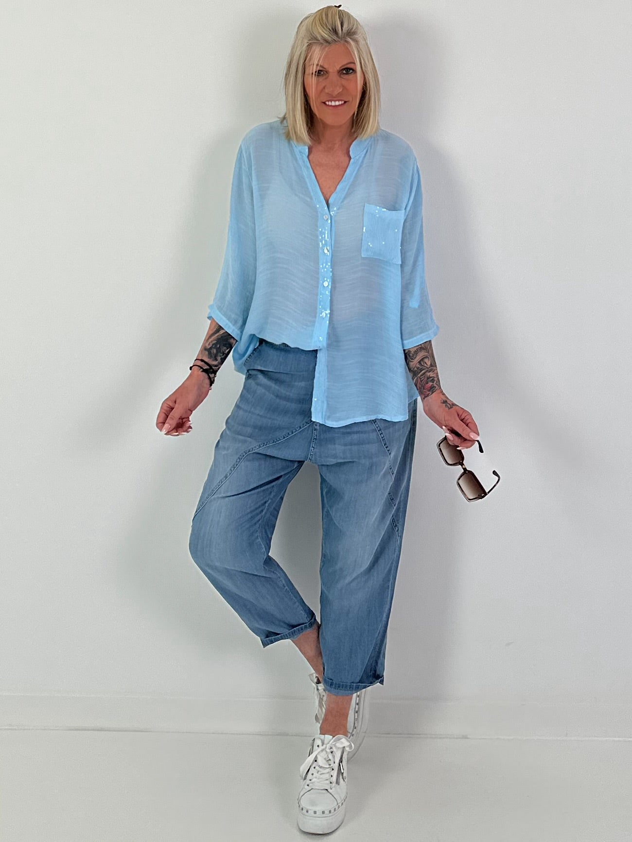 Sequin and crochet detail blouse - light blue