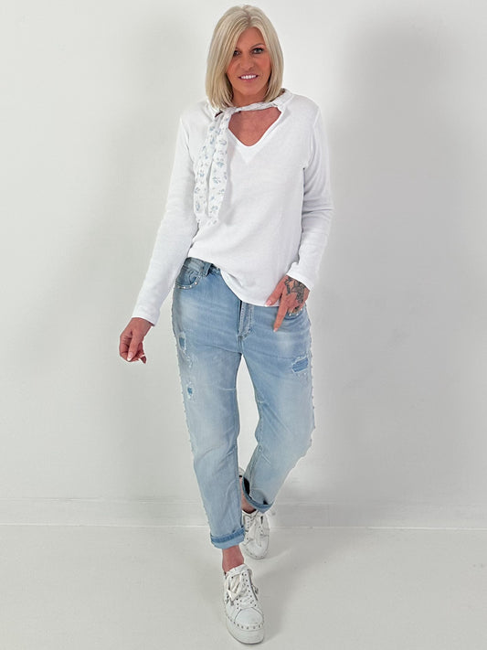 Ribbed shirt with floral ribbons - white