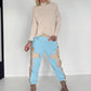 Sweathose im Materialmix - hellblau -beige