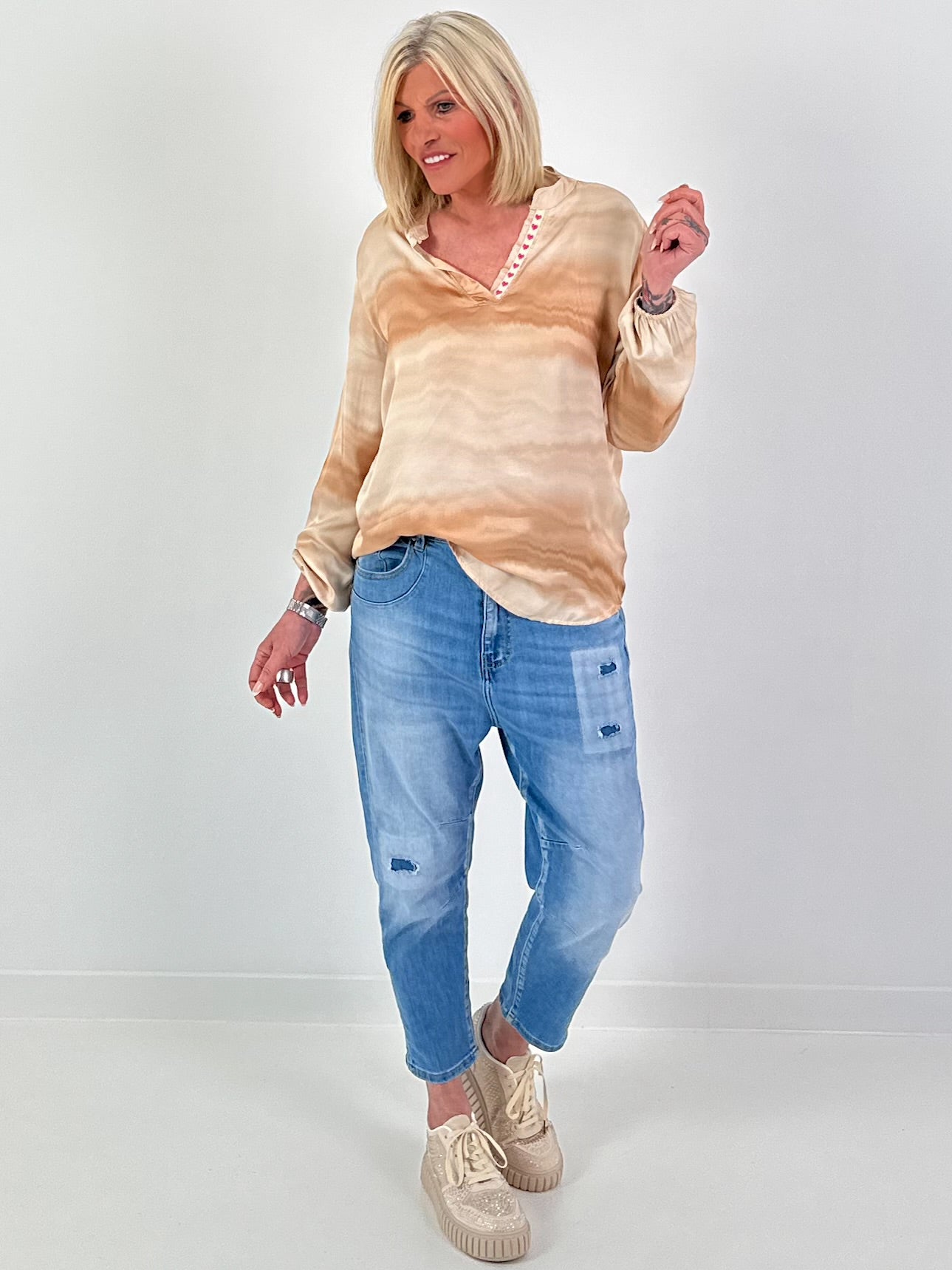 Silk tunic with gradient and heart details - beige multi-colored