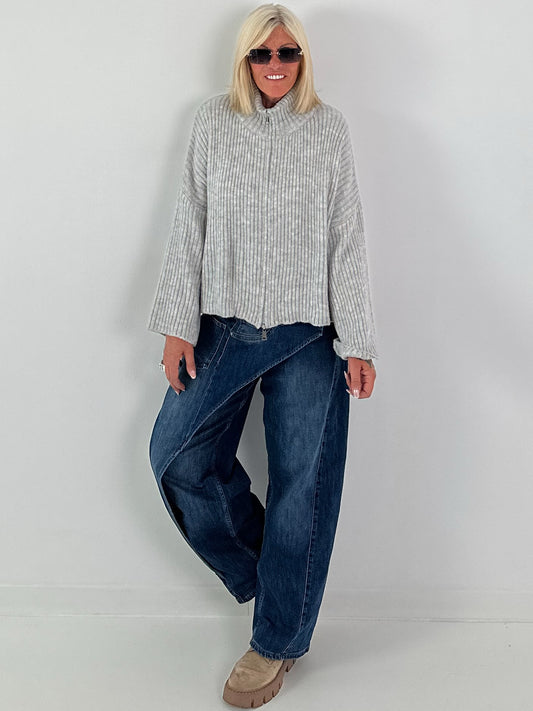 Casual ribbed knit jacket with silver zipper - light gray