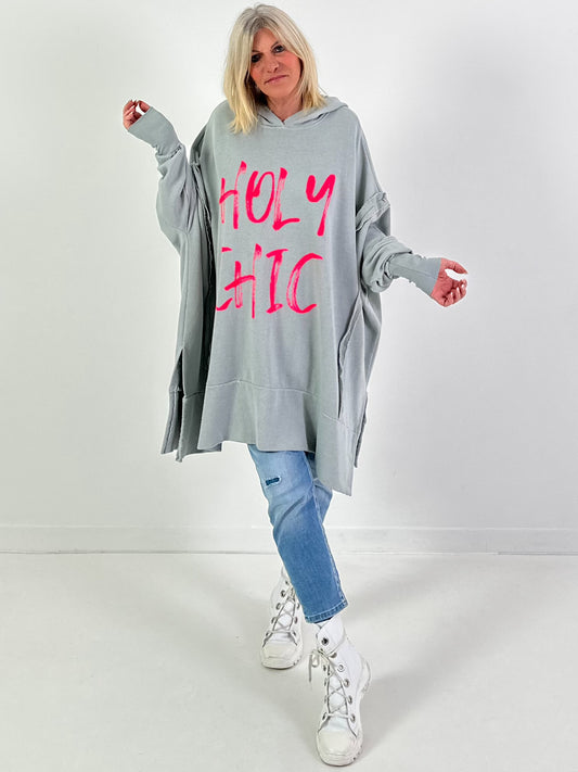 Oversized hoodie model "Holy Chic" - gray-neon pink