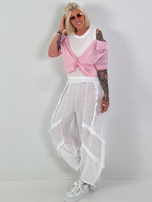 Ripp Top mit Blusen Layering - weiss-rosa