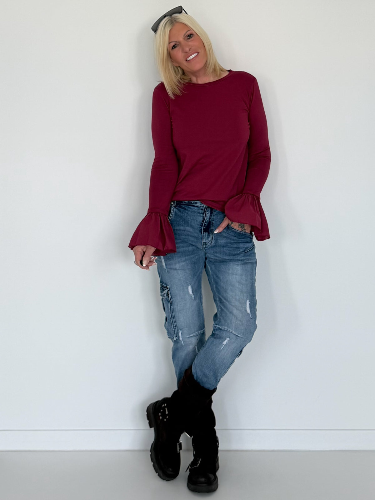 Shirt mit Trompetenärmelchen - burgundi