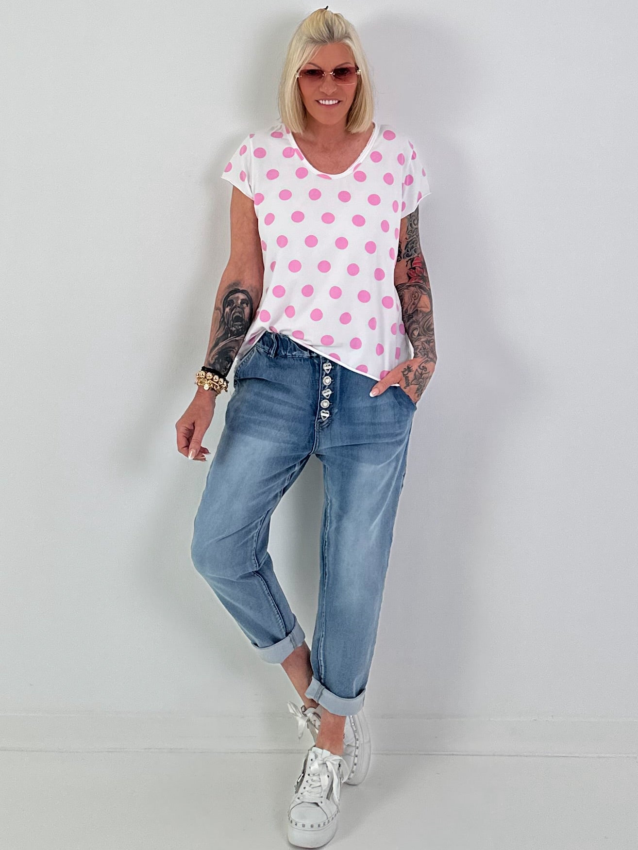 T-Shirt mit Punkten - weiss-rosa