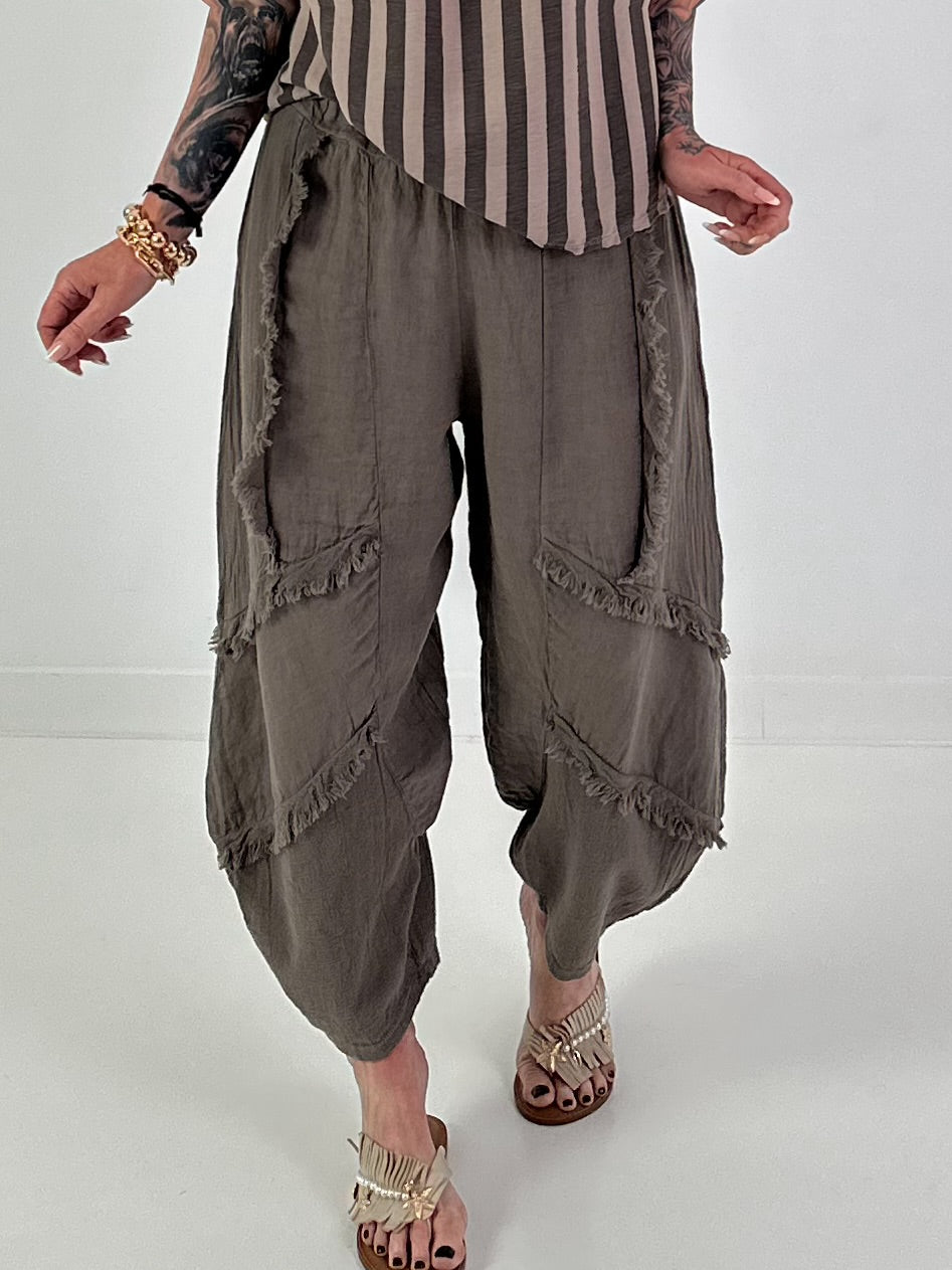 Balloon Linen Trousers with Fringe Details - taupe