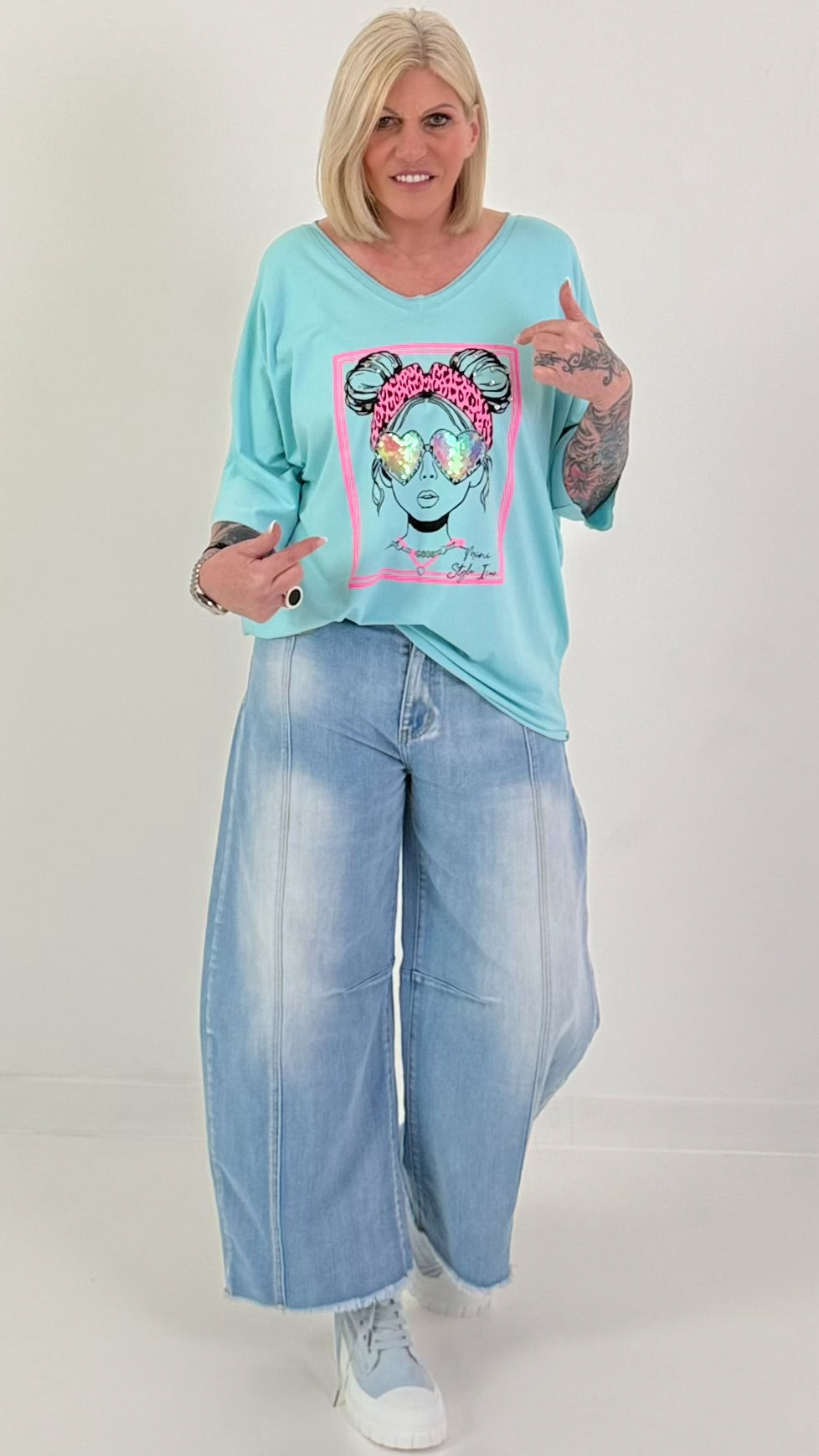 Oversized T-shirt met print op de voorkant - turquoise