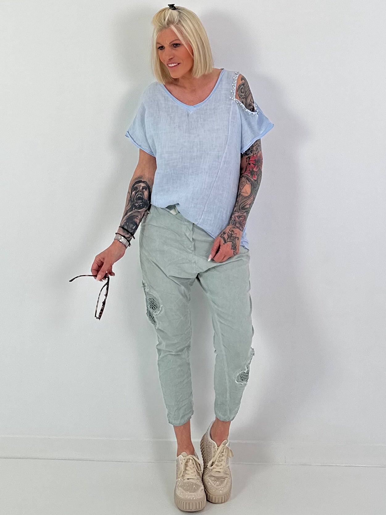 Linen Shirt with Cut-Out - light blue