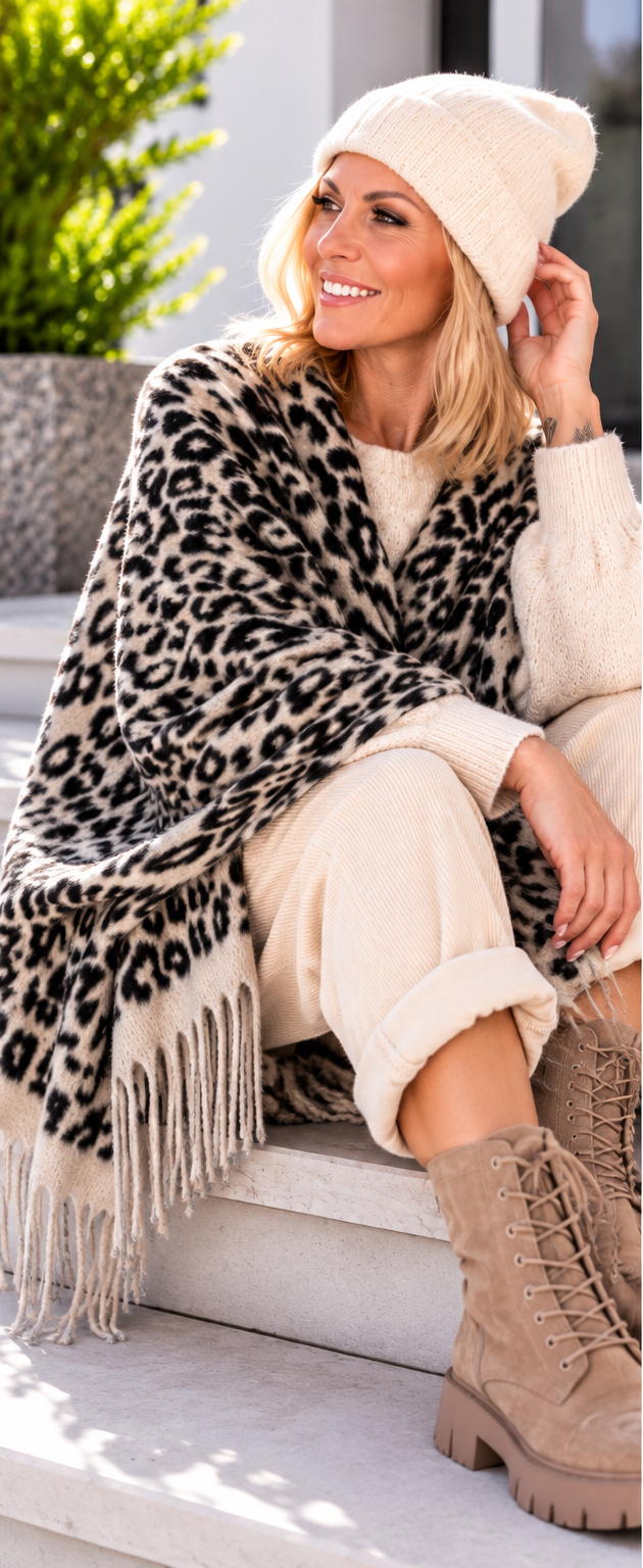 Poncho / Überwurf mit Fransen im Leo-Look - beige-leo