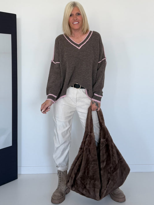 Kuscheliger Pullover mit V-Ausschnitt - taupe-rosa
