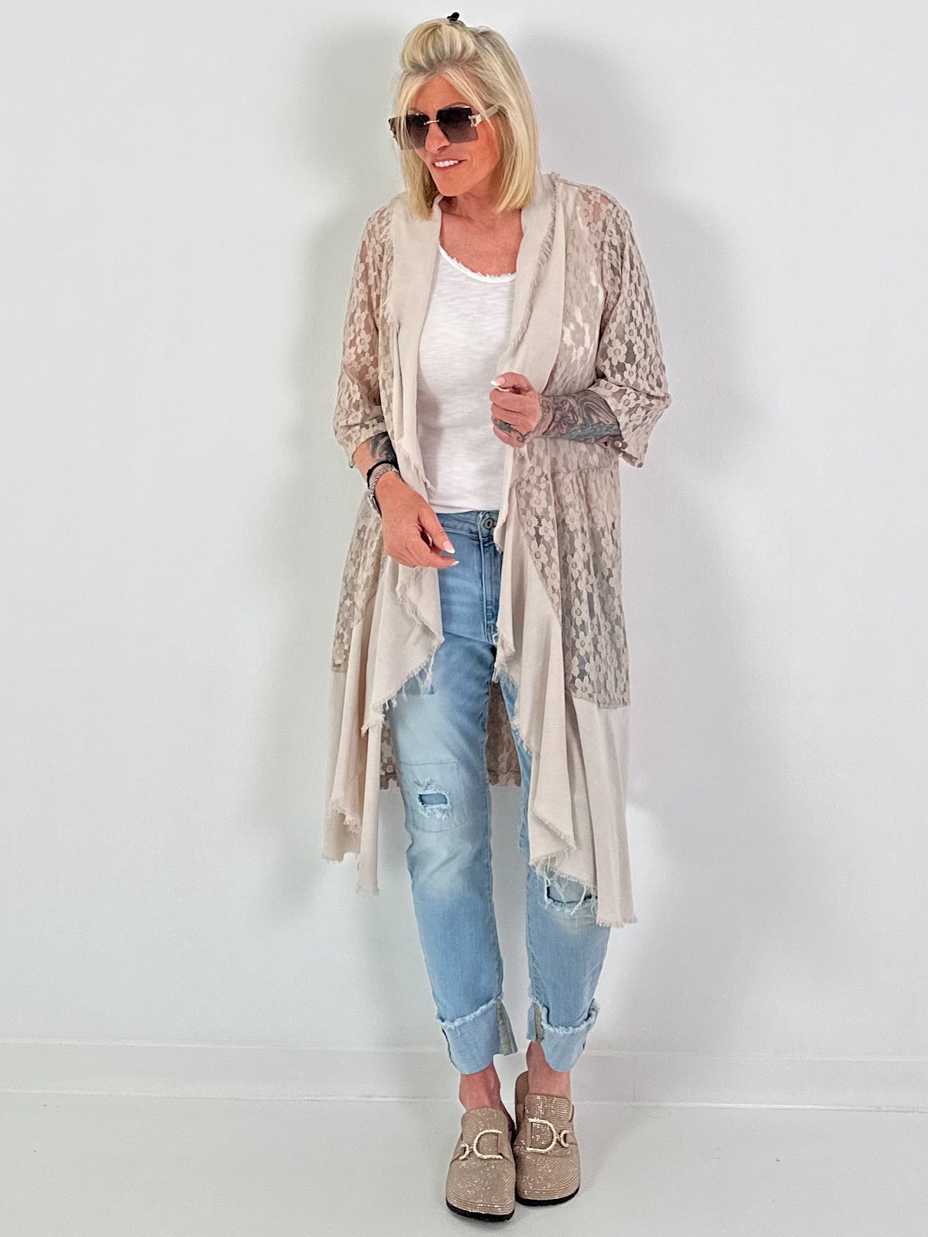 Lace coat in a material mix - beige
