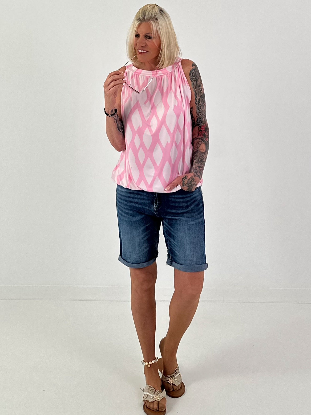 Halter-Neck Top with Allover Pattern - white-pink