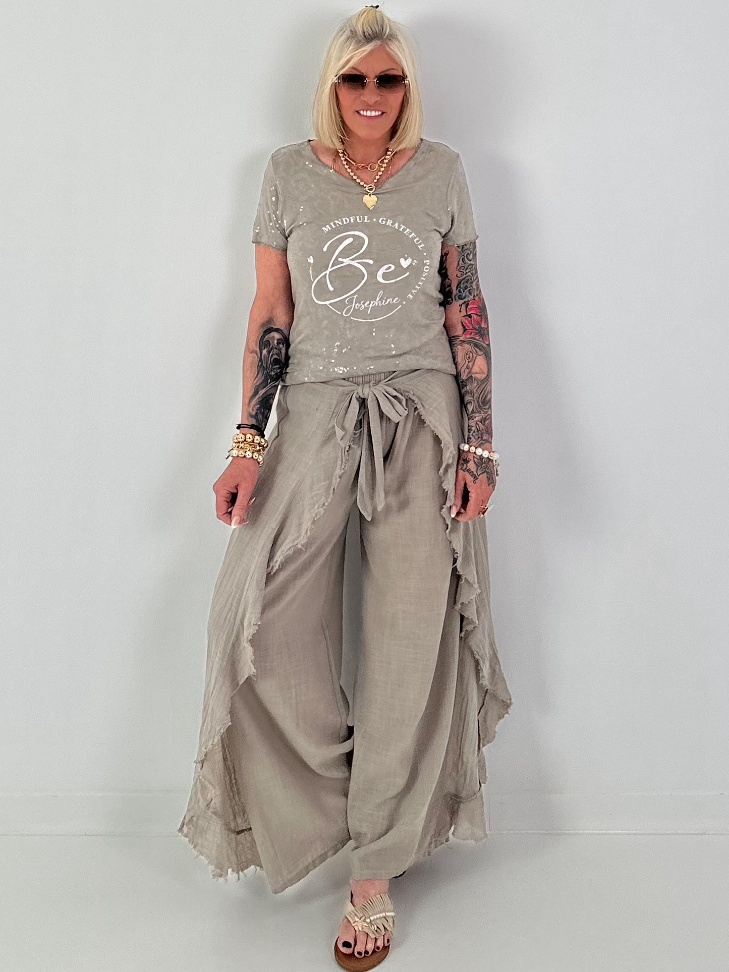 T-Shirt mit transparenten Pailletten - taupe