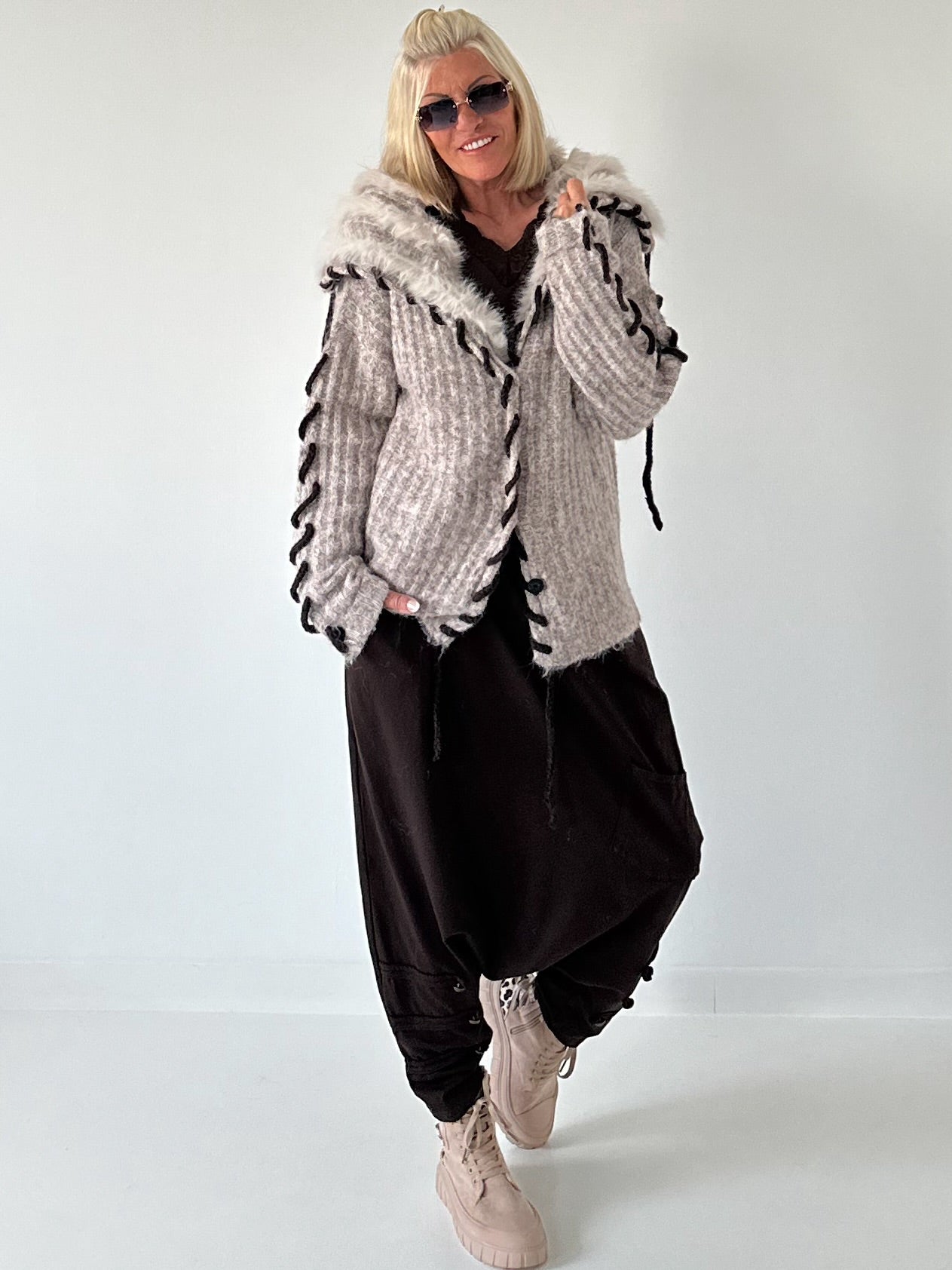 Cozy Cardigan with Oversized Faux Fur Collar - Taupe