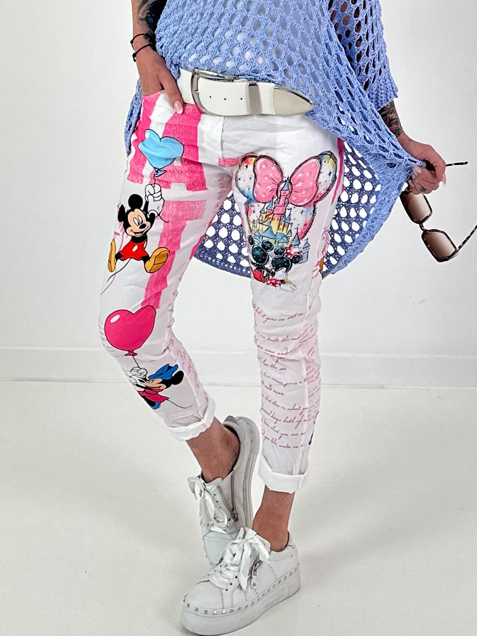 Hose mit Print-Mix und Comicmotiven - weiss-pink-mehrfarbig