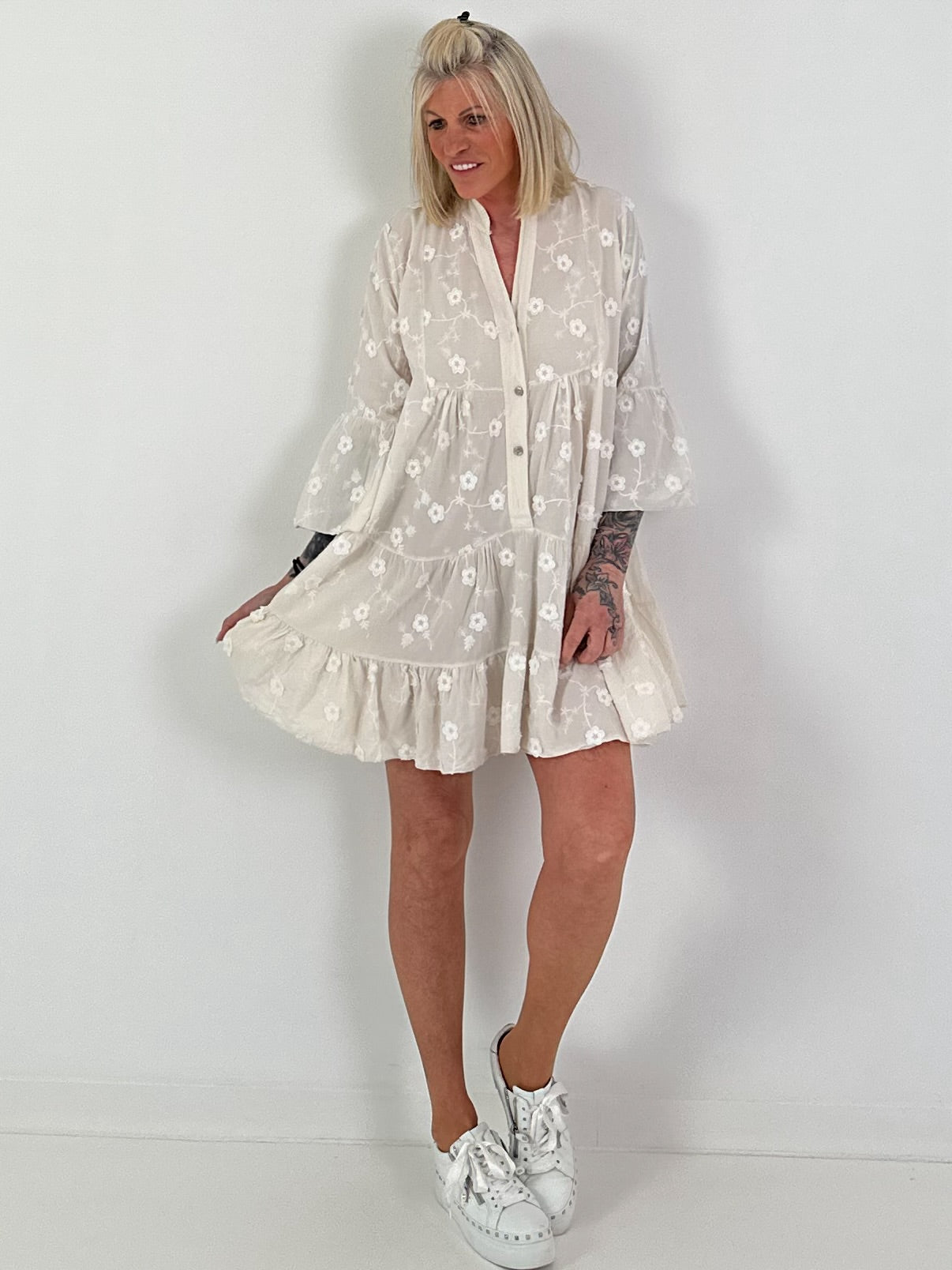 Tunic/Dress with Floral Pattern - Beige