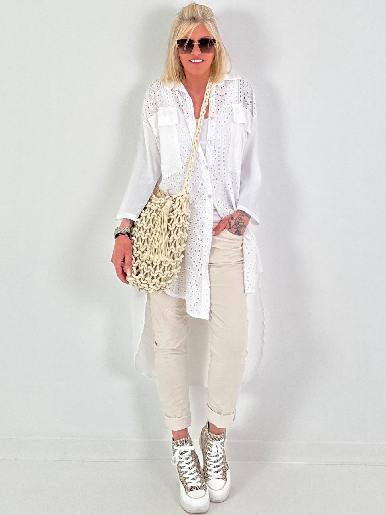 Long linen blouse with eyelet embroidery - white