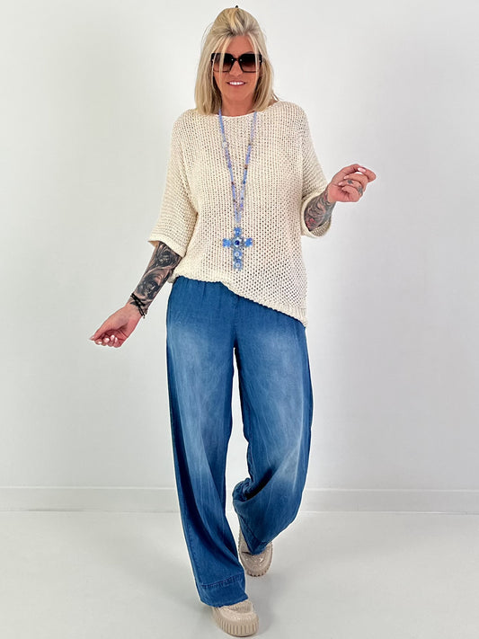 Crochet sweater with integrated sequins - cream