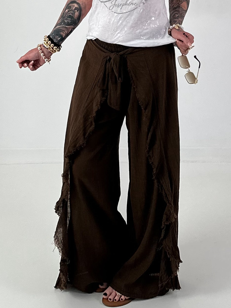 Wide-leg trousers with tie frill - chocolate