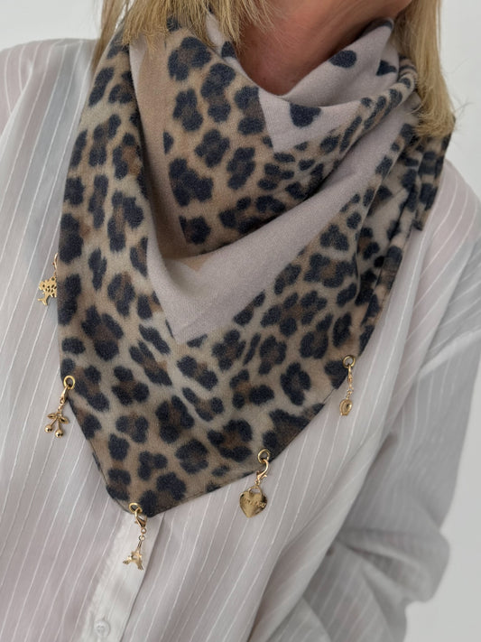 Dreieckstuch mit Mustermix und Charms - beige-leo-mehrfarbig