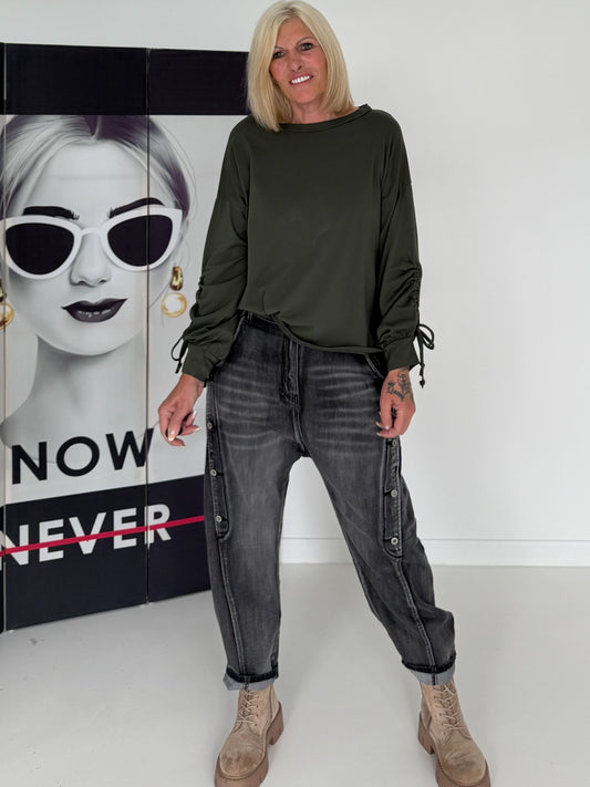 Shirt mit gerafftem Arm - oliv