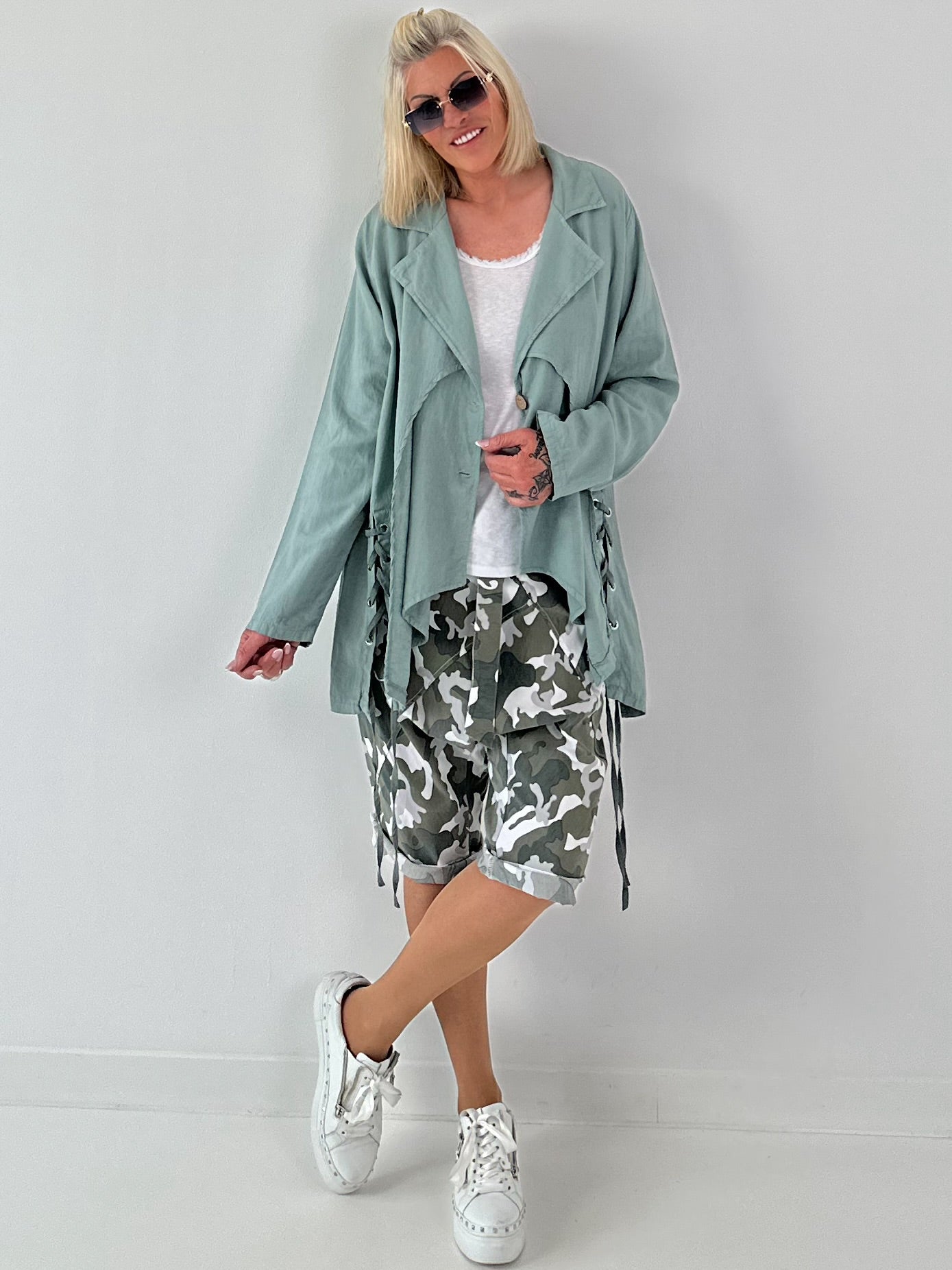 Fancy linen jacket with side lacing - khaki