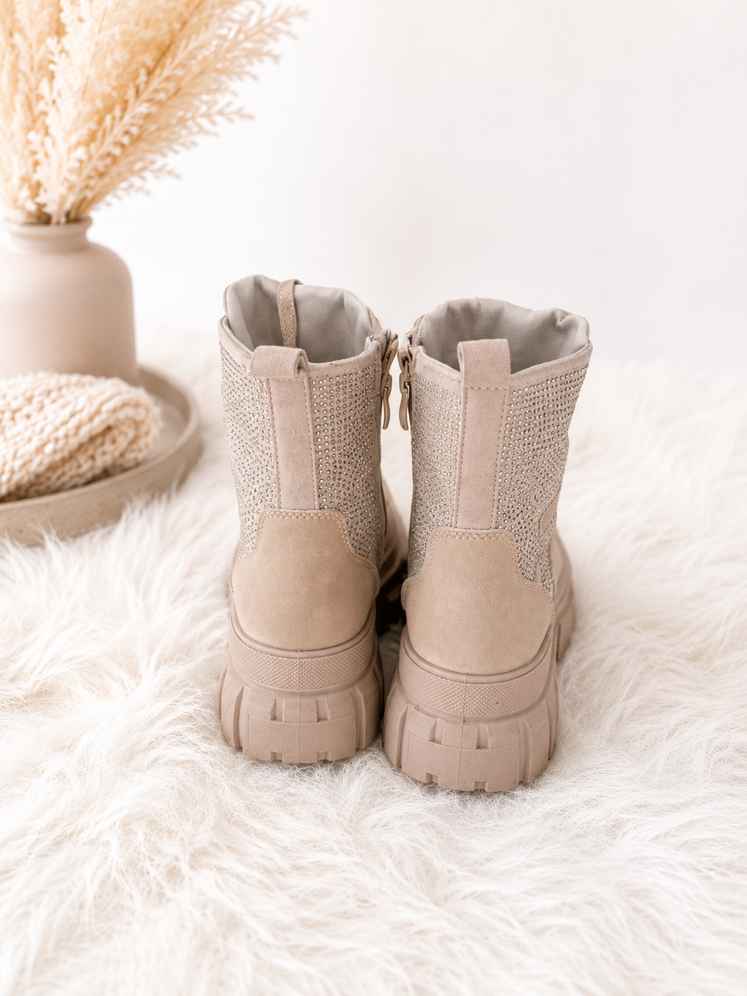 High-top sneakers in a suede look with rhinestones - beige