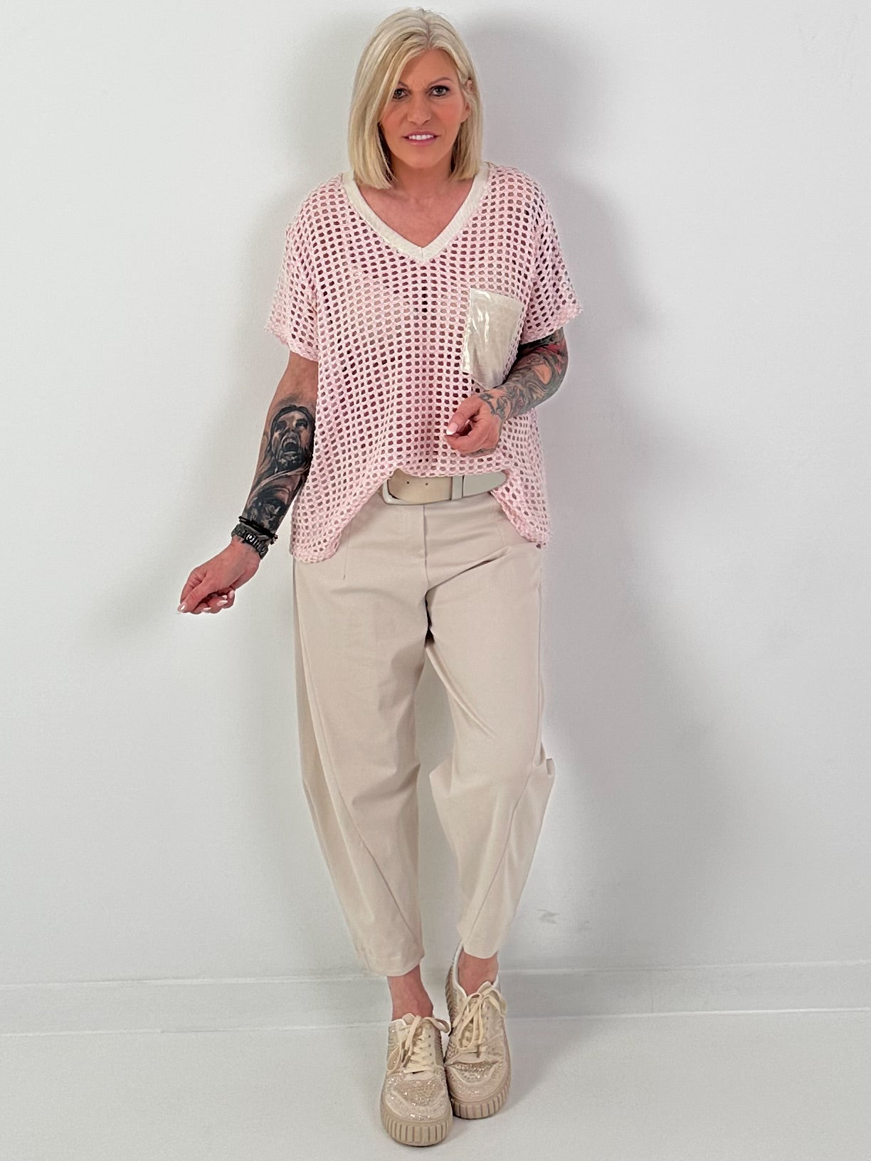 Häkelshirt mit V-Ausschnitt - rosa