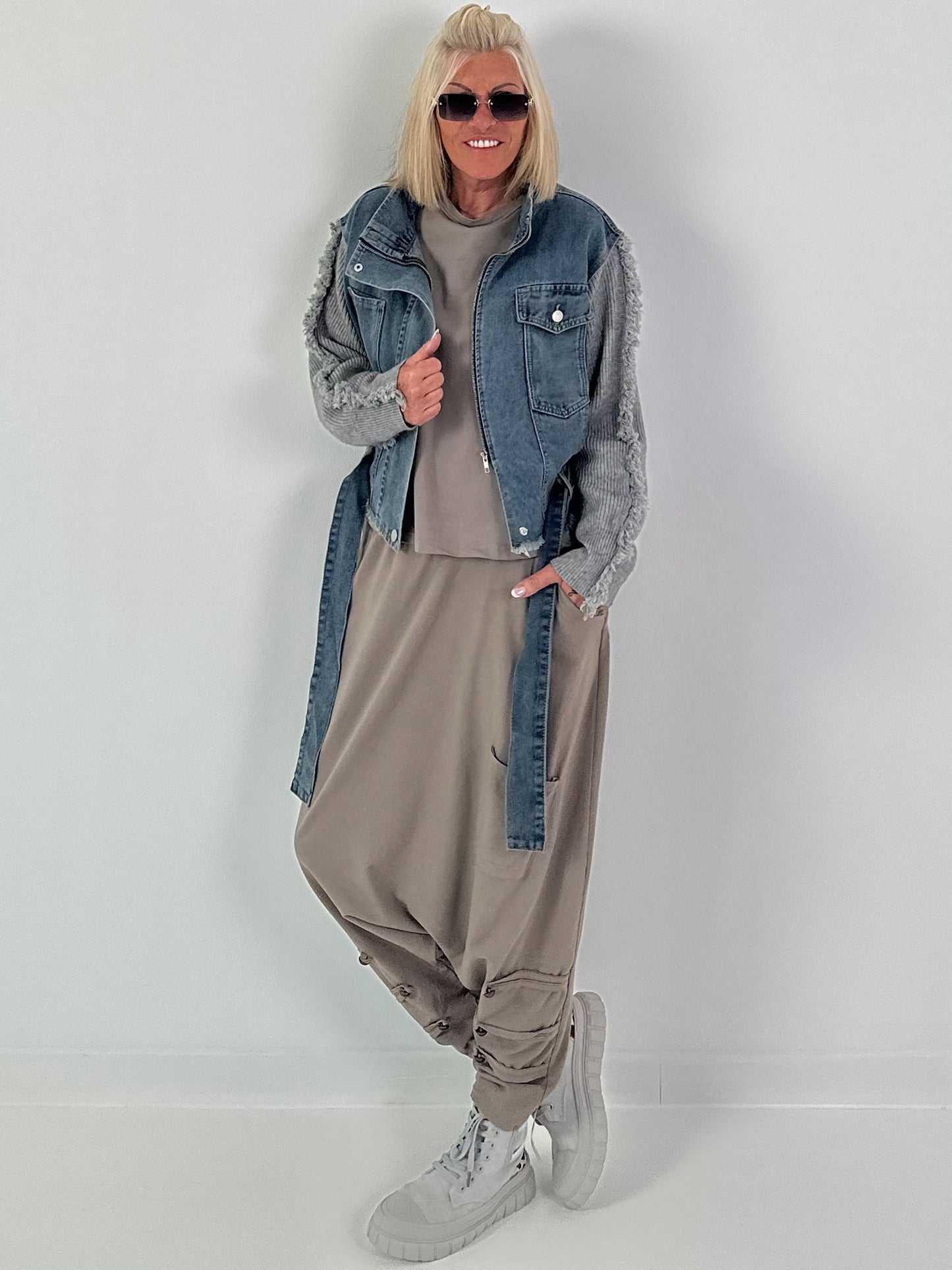 Jeansjacke mit Strickärmeln - denim-grau
