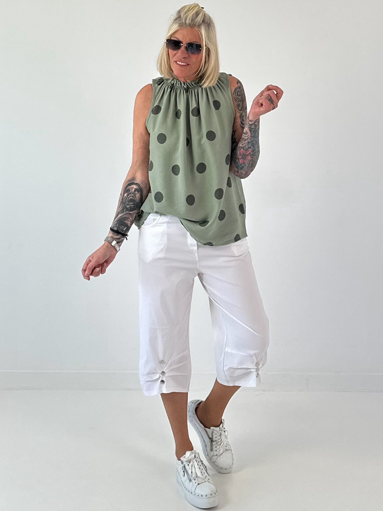 Striped top with ruffled collar - taupe-dark brown