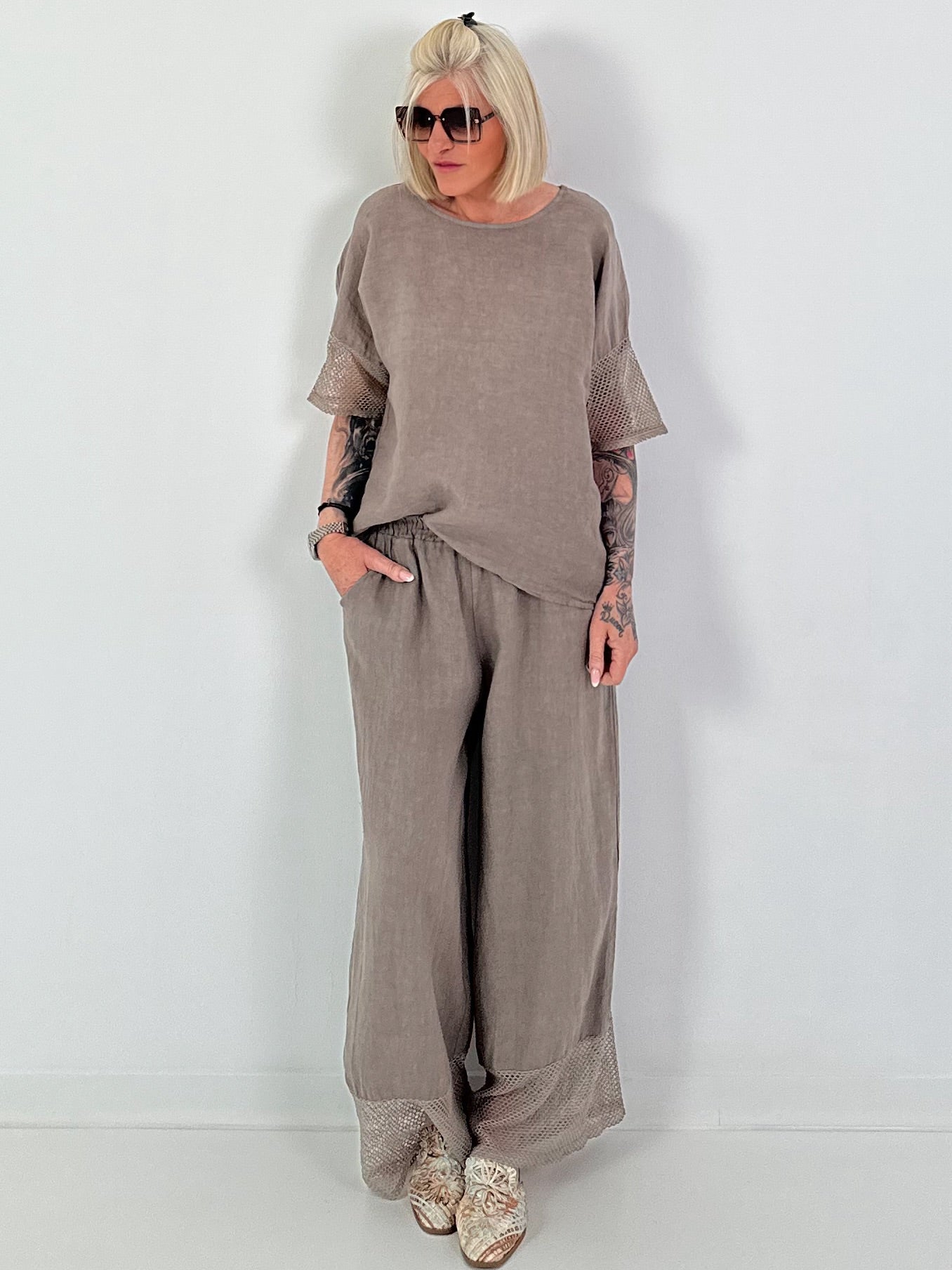 Leinen Shirt mit kurzen Ärmeln - taupe