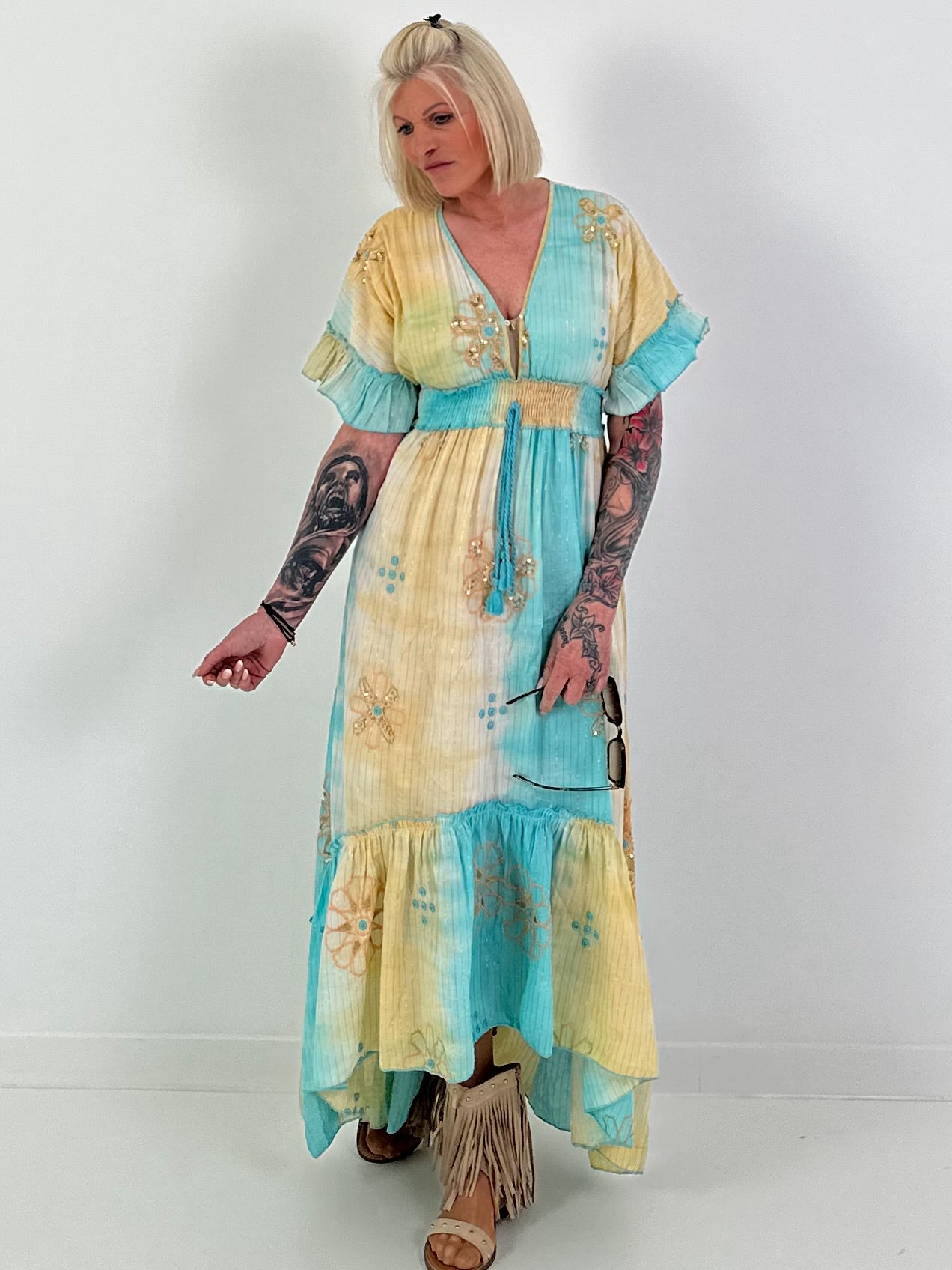 Ibiza Dress with Sequins and Ruffles - turquoise-yellow-multicolored