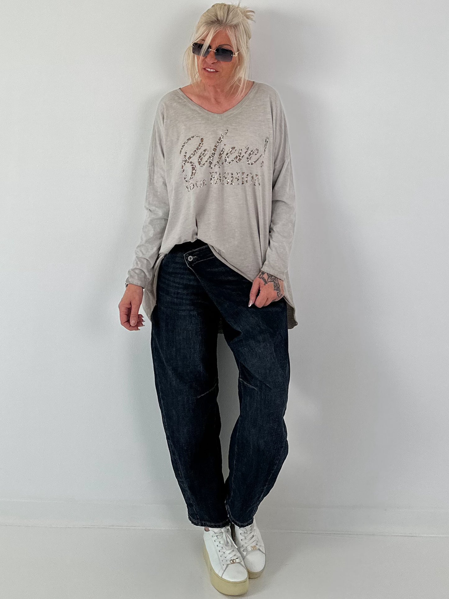 Oversized shirt with leopard print and rhinestone details - taupe