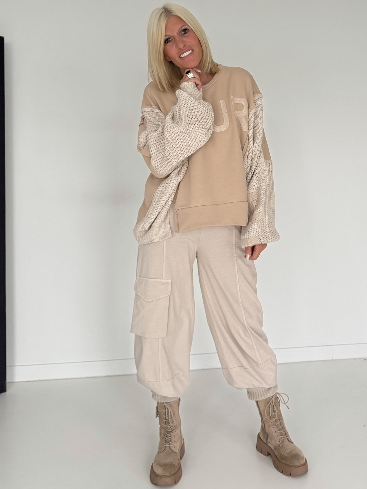 Sweater with knitted inserts - beige